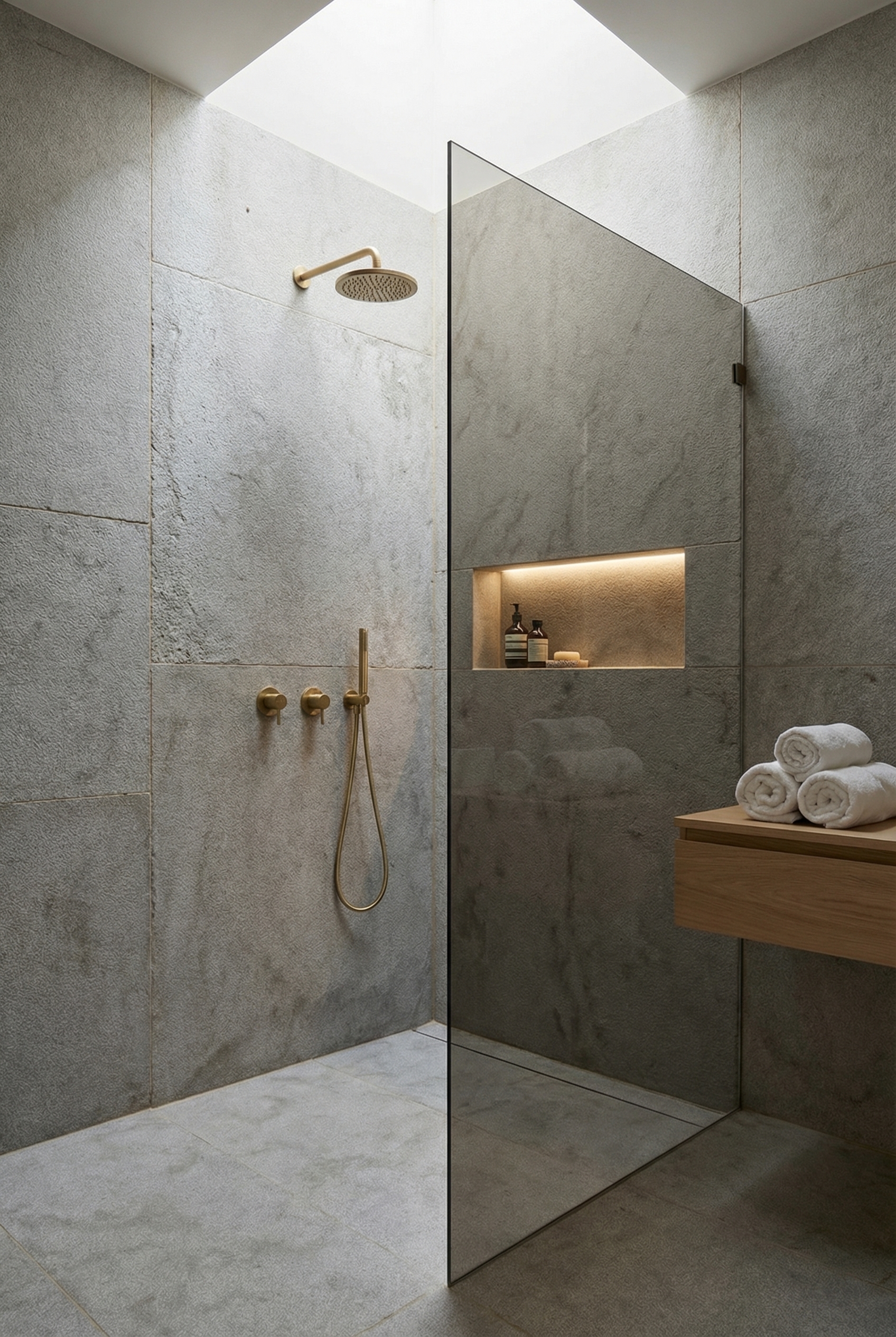 Atlas Grey Castle limestone walk-in shower — Mediterranean luxury bathroom