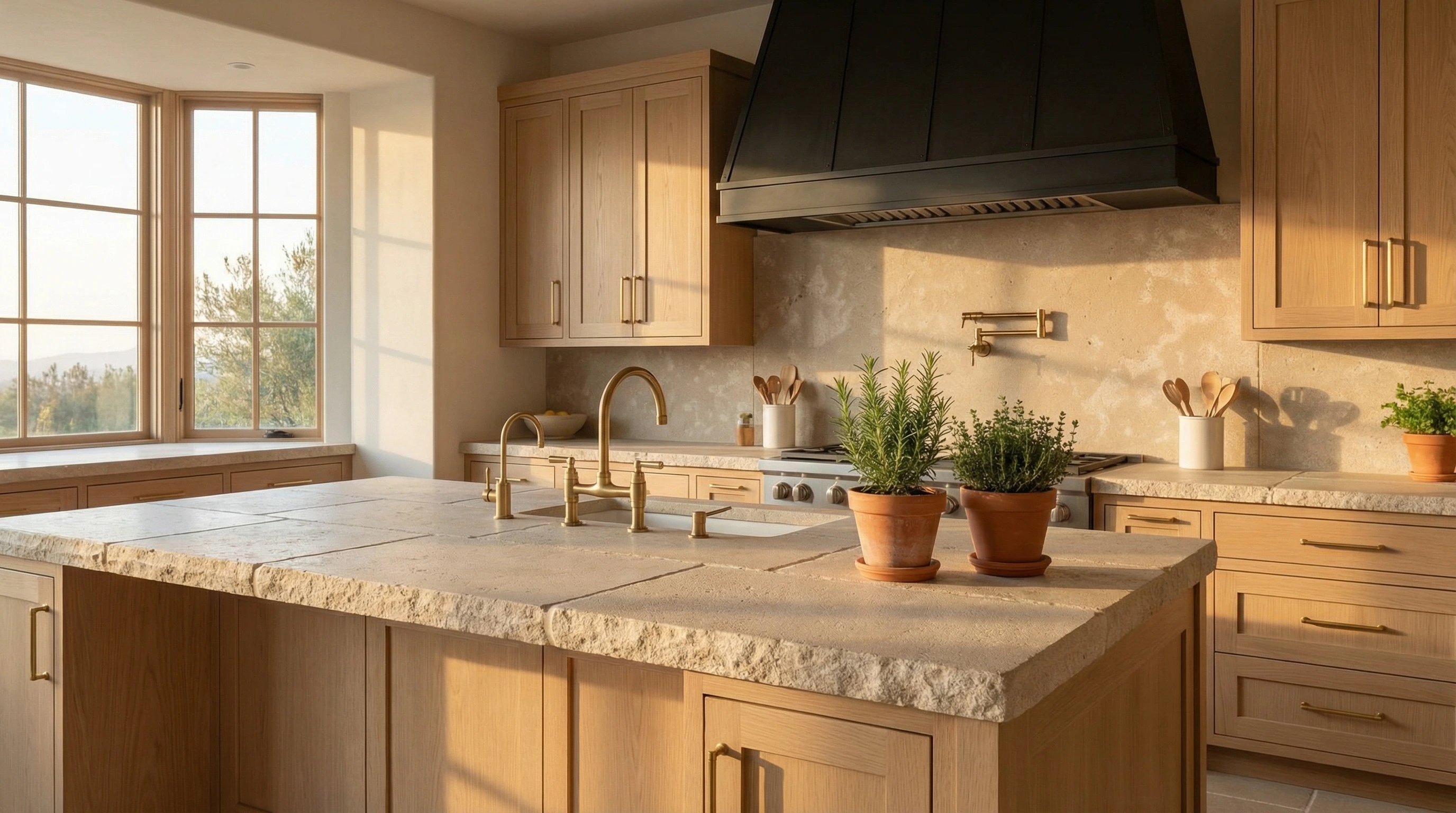Premium Moroccan limestone kitchen — Atlas Beige Castle countertop, Mediterranean design