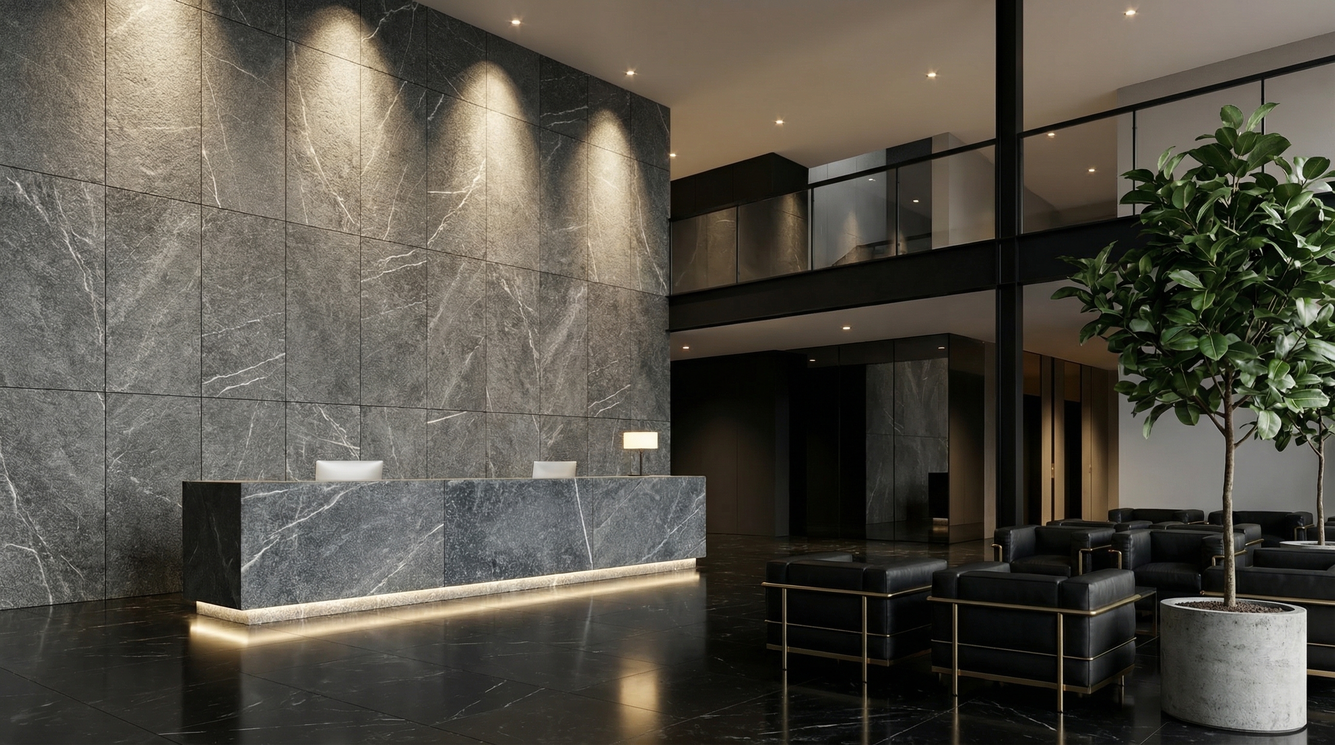Mountain Black Aged marble feature wall — luxury hotel lobby with dramatic lighting