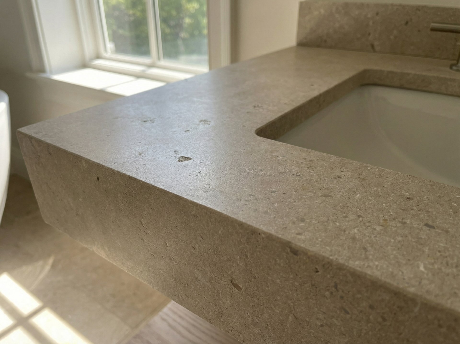 Pebble Beige Honed Aged — in context